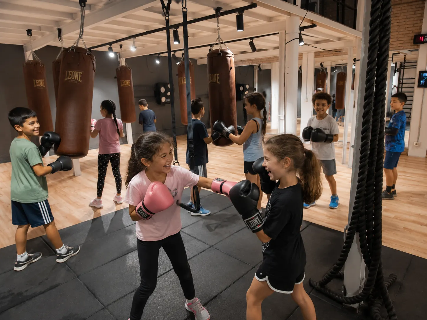 Niñas y niños entrenando boxeo en el curso Boxing Kids de GP360